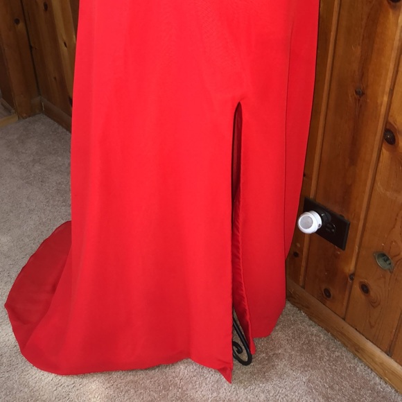 A line red haltered keyhole beaded ruched chiffon prom dress with slit XS/2 - Picture 7 of 17